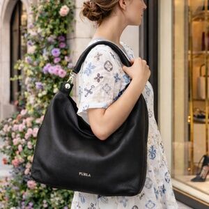 New Furla Raffaella Classic Black Leather Hobo Shoulder Tote Bag